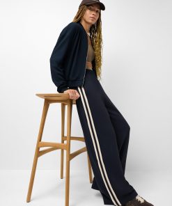 French Navy Blue Utility Brown Stripe Lightweight Linear Striped Wide Leg Pants
