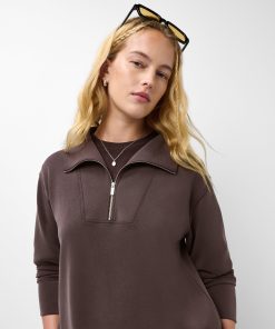 Espresso Brown Sand Wash Half Zip Longline Sweatshirt