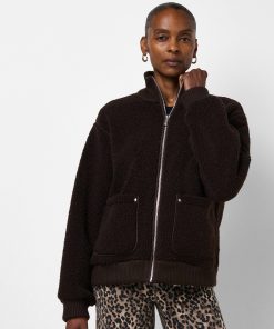 Espresso Brown Plush Fleece Ribbed Zip-Up